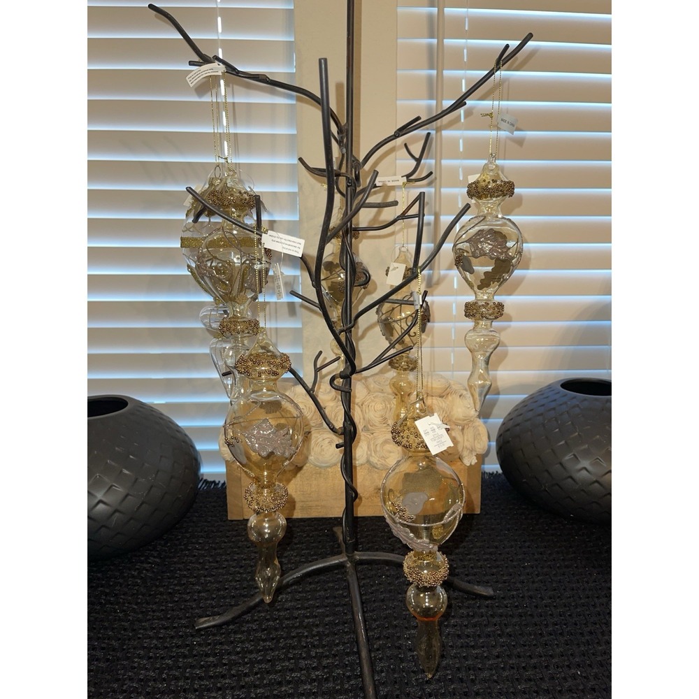 Vintage Christmas Ornaments Tiered Blown Glass 9" Gold (set Of 6)